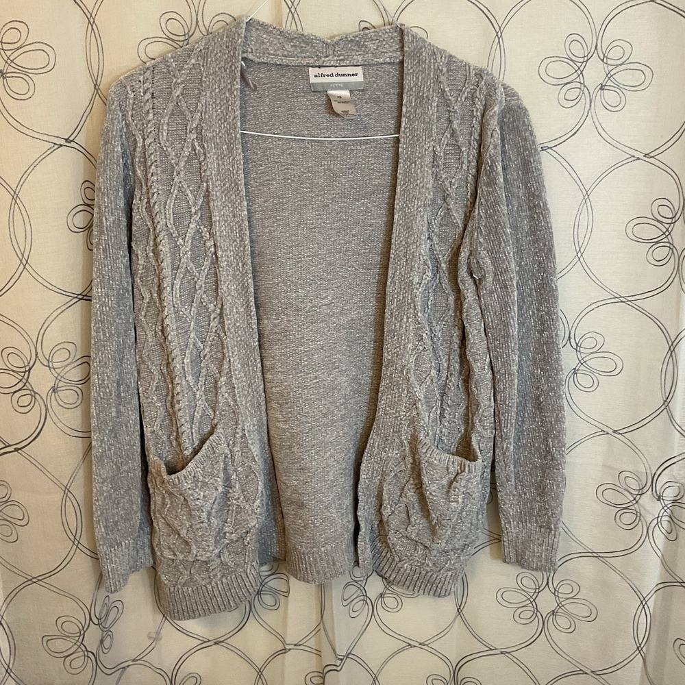 Women's Alfred Dunner Grey Long Sleeve Cardigan‎ Open Front Pockets Size PS